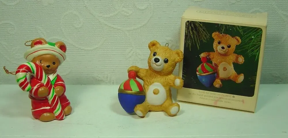 2 BEAR ORNAMENTS-HALLMARK CINNAMON #1-1983 & CURRENT, INC. BUTTERFIELD BEAR-1986